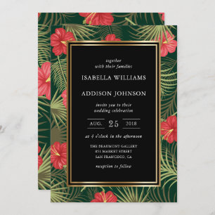 Tropical Hibiscus & Palm Fronds Wedding Invitation