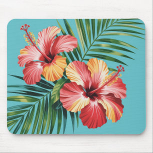 Tropical Hibiscus & Palm Leaf Floral Mouse Pad