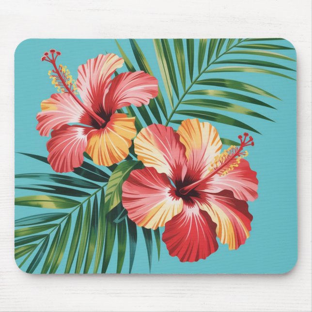 Tropical Hibiscus & Palm Leaf Floral Mouse Pad (Front)