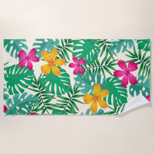 Tropical hibiscus & palm leaves. Coastal Summer. Beach Towel