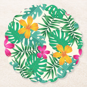 Tropical hibiscus & palm leaves. Coastal Summer.   Paper Coaster