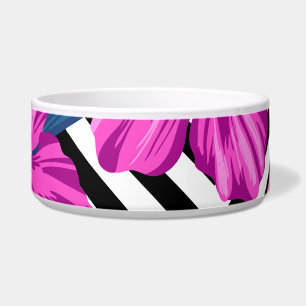 Tropical hibiscus, palm leaves, geometric.