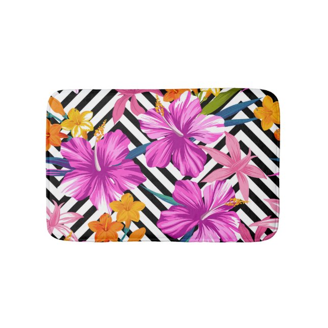 Tropical hibiscus, palm leaves, geometric. bath mat (Front)