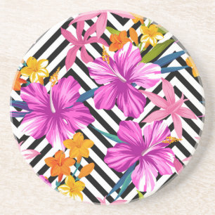 Tropical hibiscus, palm leaves, geometric. coaster