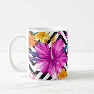 Tropical hibiscus, palm leaves, geometric. coffee mug