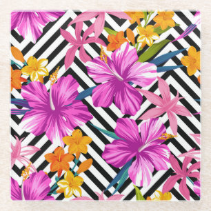 Tropical hibiscus, palm leaves, geometric. glass coaster