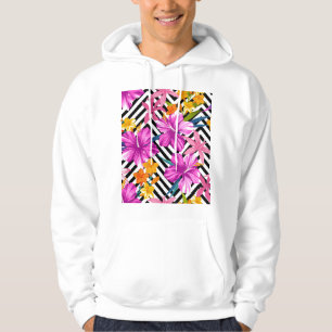 Tropical hibiscus, palm leaves, geometric. hoodie