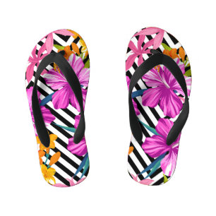 Tropical hibiscus, palm leaves, geometric. kid's thongs