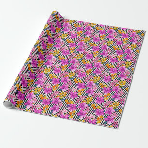 Tropical hibiscus, palm leaves, geometric. wrapping paper