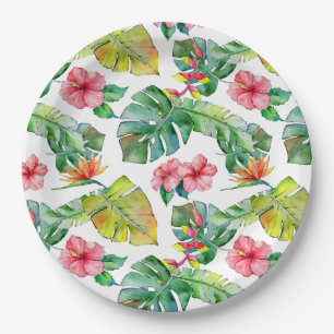 Tropical Hibiscus Palm Leaves Hawaiian Paper Plate
