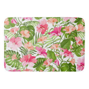 Tropical hibiscus palm monstera pattern bath mat