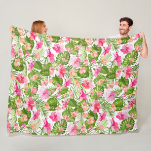 Tropical hibiscus palm monstera pattern fleece blanket