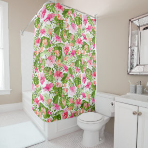 Tropical hibiscus palm monstera pattern shower curtain