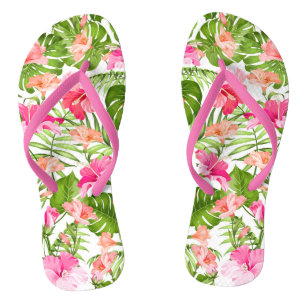 Tropical hibiscus palm monstera pattern thongs