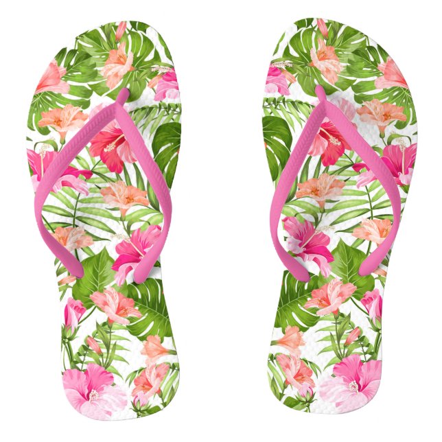 Tropical hibiscus palm monstera pattern thongs (Footbed)