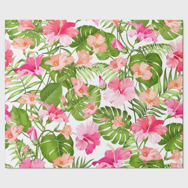 Tropical hibiscus palm monstera pattern wrapping paper (Seam)