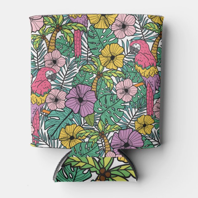 Tropical hibiscus, palm, parrots pattern. can cooler (Front)