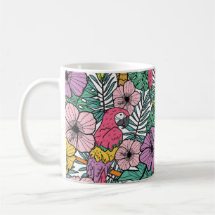 Tropical hibiscus, palm, parrots pattern. coffee mug