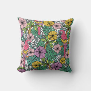 Tropical hibiscus, palm, parrots pattern. cushion