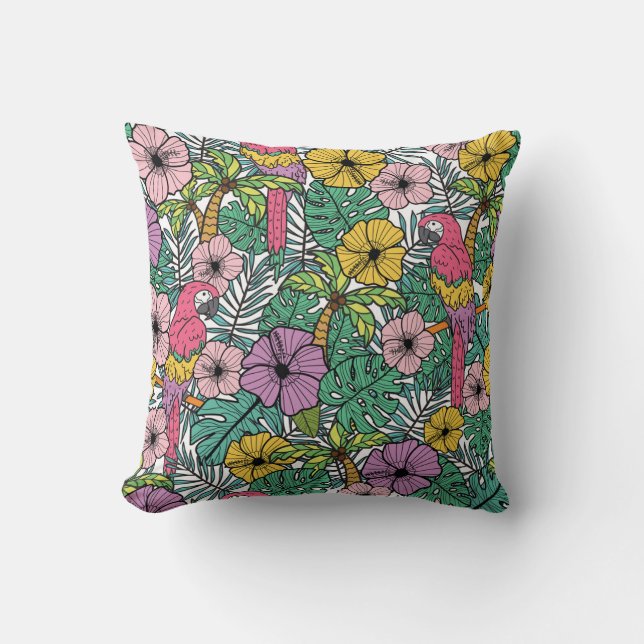 Tropical hibiscus, palm, parrots pattern. cushion (Front)