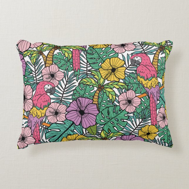 Tropical hibiscus, palm, parrots pattern. decorative cushion (Front)