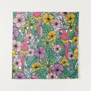Tropical hibiscus, palm, parrots pattern. tapestry