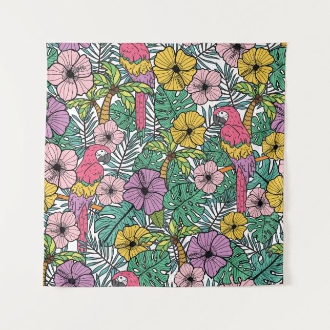 Tropical hibiscus, palm, parrots pattern. tapestry (Front)