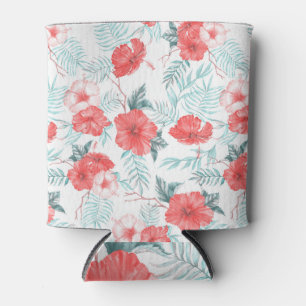 Tropical Hibiscus Palm Seamless Print Can Cooler