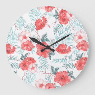 Tropical Hibiscus Palm Seamless Print Large Clock