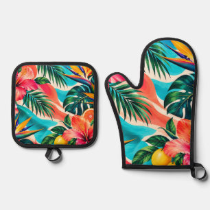 Tropical Hibiscus Paradise Botanical Art Oven Mitt & Pot Holder Set