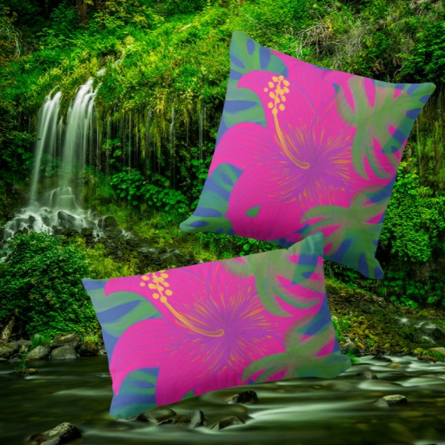 Tropical Hibiscus Philodendron  Cushion (Vibrant tropical pillows for indoor or out!)