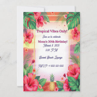 Tropical Hibiscus Pineapple Adult Birthday In Invitation