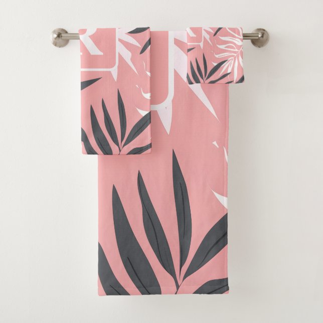 Tropical Hibiscus pink Monogram personalised Bath Towel Set (Insitu)