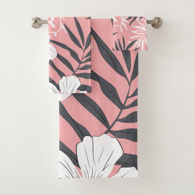 Tropical Hibiscus pink personalised Monogram Bath Towel Set (Insitu)