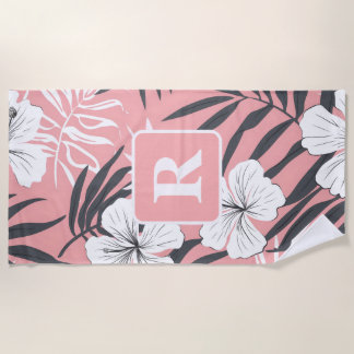 Tropical Hibiscus pink personalised Monogram Beach Towel