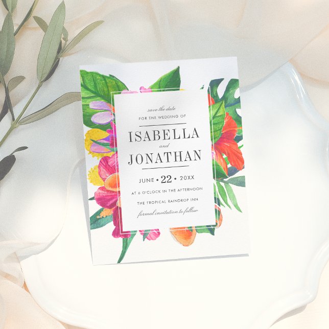 Tropical Hibiscus, Plumeria & Palm | Save The Date Announcement Postcard (Creator Uploaded)