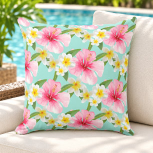 Tropical Hibiscus Plumeria Pattern Aqua Cushion