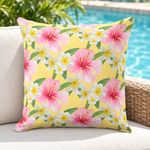 Tropical Hibiscus Plumeria Pattern Yellow Cushion