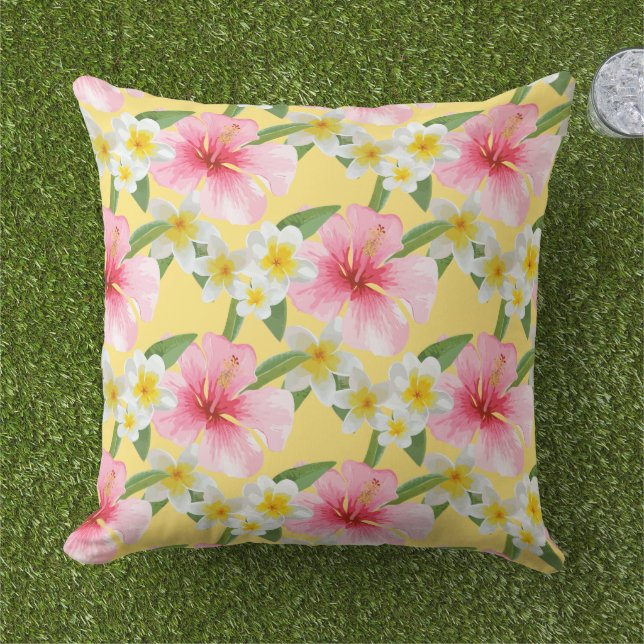 Tropical Hibiscus Plumeria Pattern Yellow Cushion (Grass)