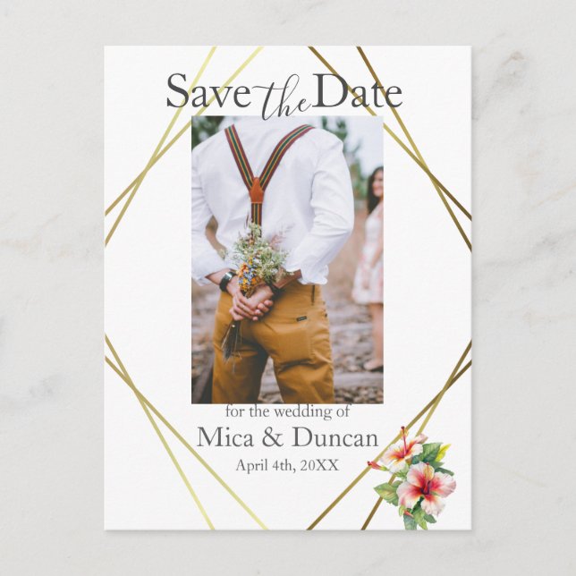 Tropical Hibiscus Save the Date Photo QR Code Postcard (Front)