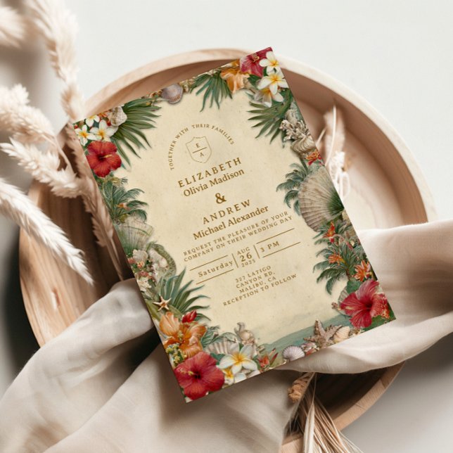 Tropical Hibiscus Seashell Wedding Invitation (Creator Uploaded)