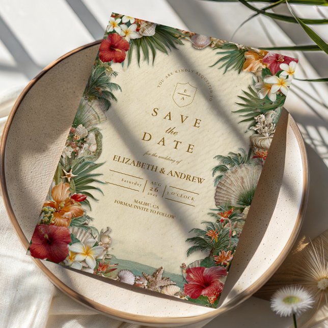 Tropical Hibiscus Seashell Wedding Save The Date (Creator Uploaded)