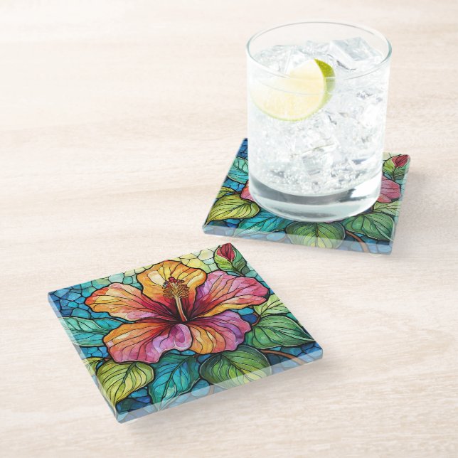 Tropical Hibiscus Stained glass art Coaster (Angled)