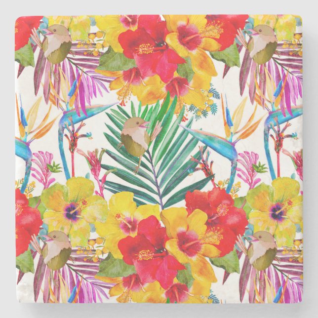 Tropical Hibiscus Summer Pattern Stone Coaster (Front)