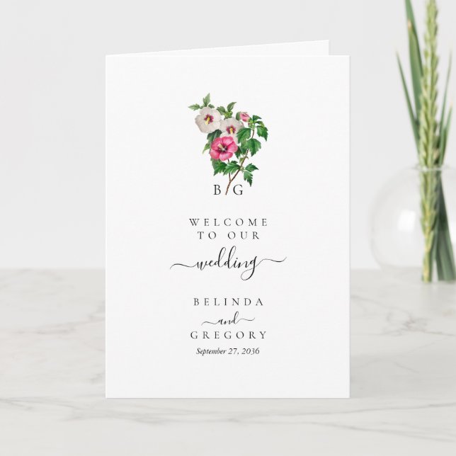 Tropical Hibiscus Summer Wedding Order of Service Program (Front)