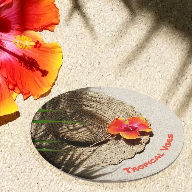 Tropical Hibiscus Sun Hat Round Paper Coaster (Creator Uploaded)