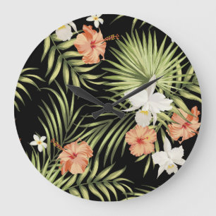 Tropical Hibiscus: Vintage Floral Pattern Large Clock