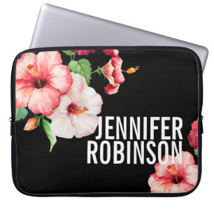 Tropical Hibiscus Vintage Florals Bold Text Laptop Sleeve