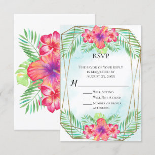 Tropical Hibiscus Watercolor Beach Wedding RSVP Invitation