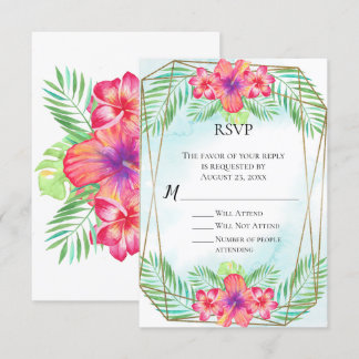 Tropical Hibiscus Watercolor Beach Wedding RSVP Invitation